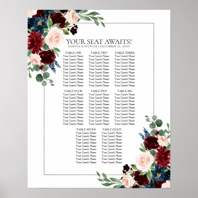 Boho Bloom | Burgundy and Navy Blue Seating Chart (Front)