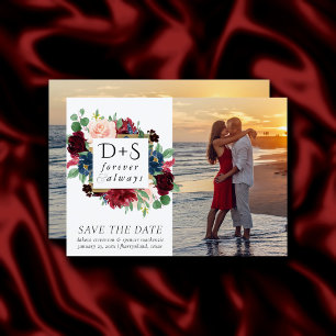 Boho Bloom   Burgundy and Navy Monogram 2 Photo Save The Date