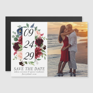 Boho Bloom   Burgundy and Navy Photo Save the Date Magnetic Invitation