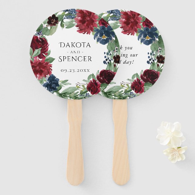 Boho Bloom | Burgundy and Navy Thank You Favour Hand Fan (Front and Back)