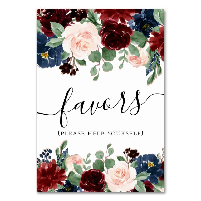 Boho Bloom | Burgundy Navy Blue and Blush Favours Table Number (Front)