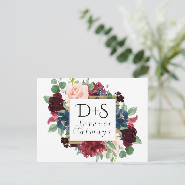 Boho Bloom | Burgundy Navy Monogram Save the Date Announcement Postcard (Standing Front)
