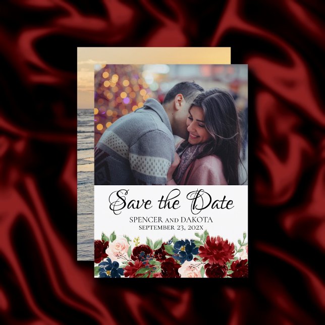 Boho Bloom | Burgundy Red and Navy Blue 2 Photo Save The Date (Creator Uploaded)