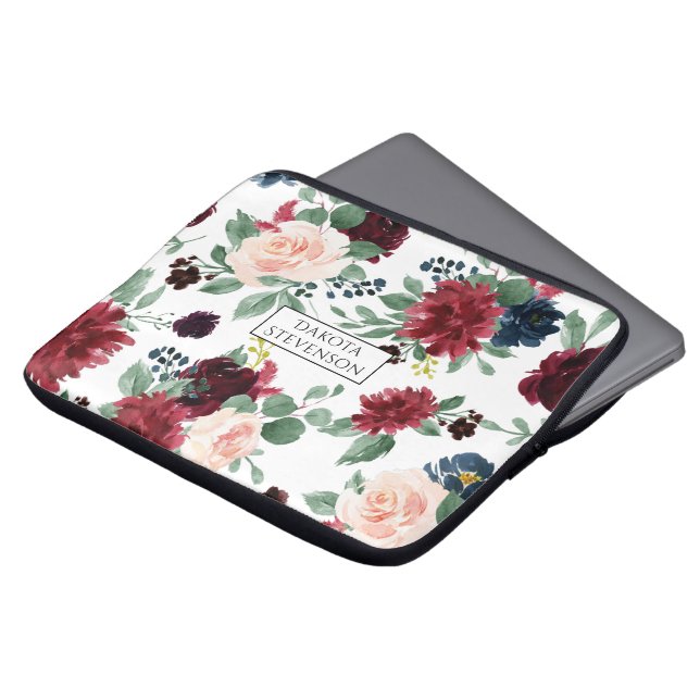 Boho Bloom | Burgundy Red and Navy Blue Custom Laptop Sleeve (Front Top)