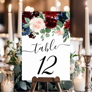 Boho Bloom   Burgundy Red and Navy Blue Garland Table Number