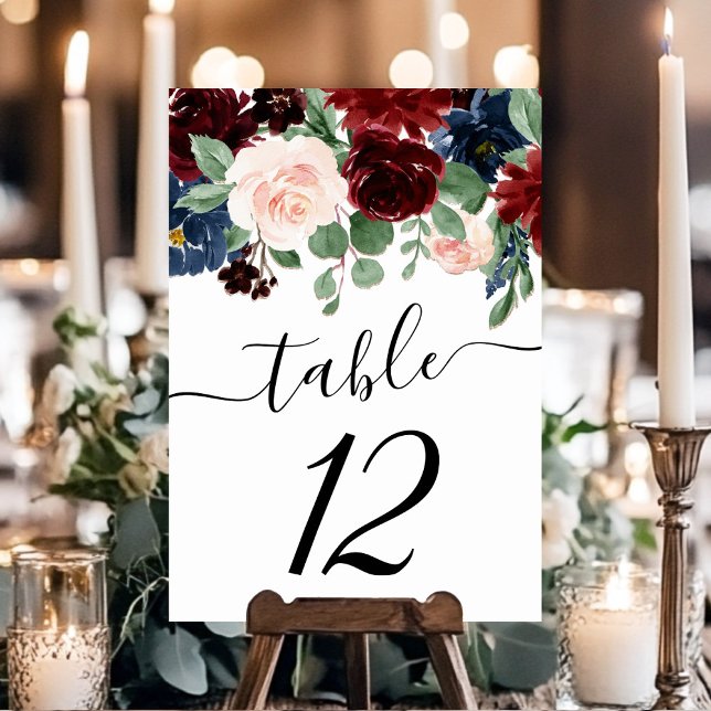Boho Bloom | Burgundy Red and Navy Blue Garland Table Number (Creator Uploaded)