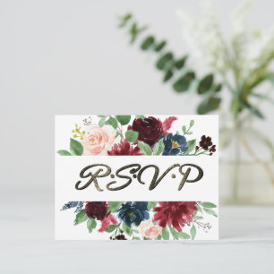 Boho Bloom Burgundy Red and Navy Blue Rose RSVP Postcard