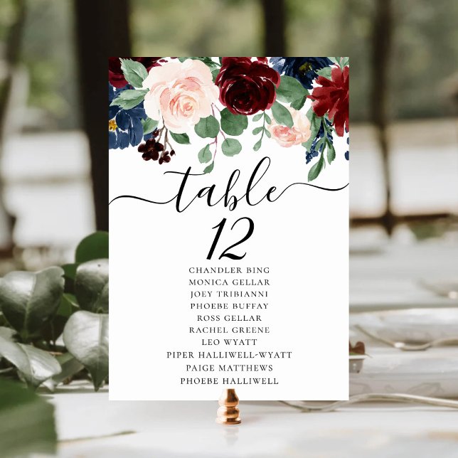 Boho Bloom | Burgundy Red and Navy Blue Seating Table Number (Creator Uploaded)