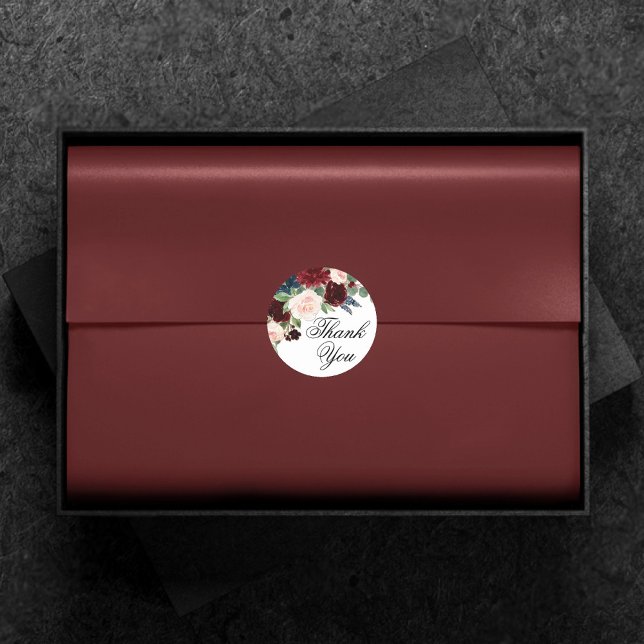 Boho Bloom | Burgundy Red and Navy Blue Thank You Classic Round Sticker (Creator Uploaded)