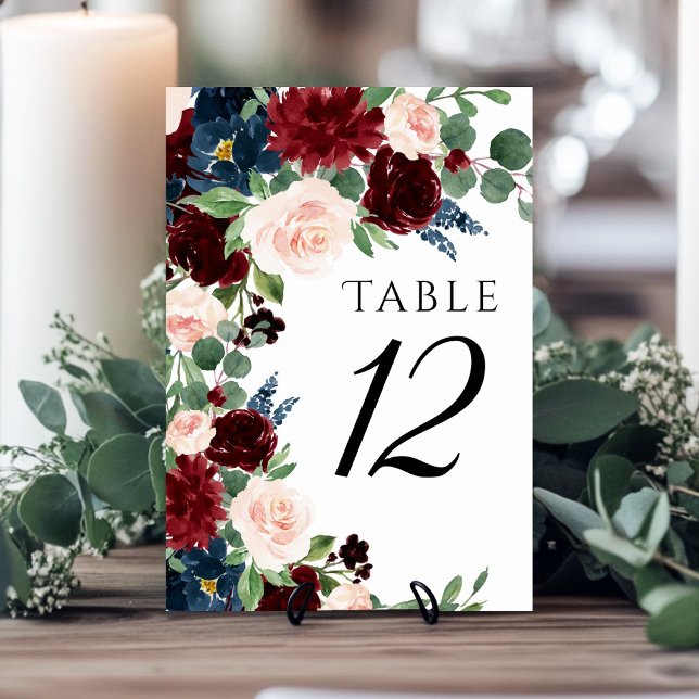 Boho Bloom | Burgundy Red and Navy Blue Wreath Table Number (Creator Uploaded)
