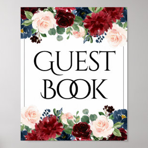 Boho Bloom Burgundy Red and Navy Guestbook Sign
