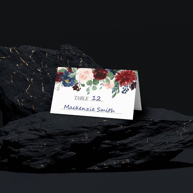 Boho Bloom | Burgundy Red and Rustic Navy Garland Place Card (Creator Uploaded)