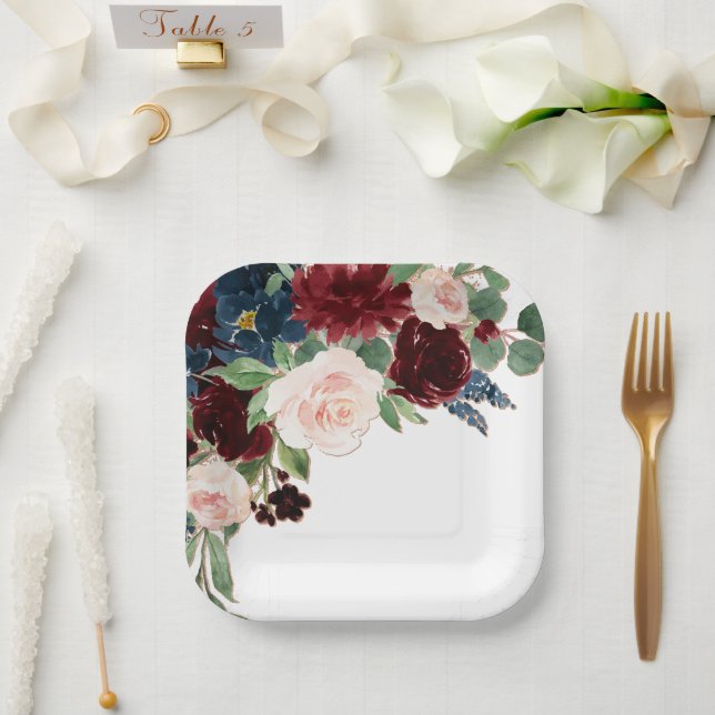 Boho Bloom | Burgundy Red Blush and Navy Blue Paper Plate (Wedding)