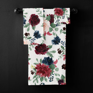 Boho Bloom   Burgundy Red Blush and Navy Pattern Bath Towel Set