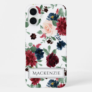 Boho Bloom Burgundy Red Blush Navy Blue Monogram iPhone 16 Plus Case