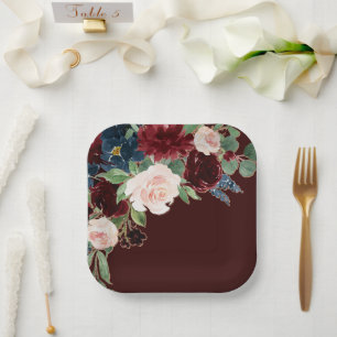 Boho Bloom Dark Burgundy and Navy Blue Bouquet Paper Plate