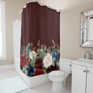 Boho Bloom   Dark Burgundy and Navy Blue Bouquet Shower Curtain