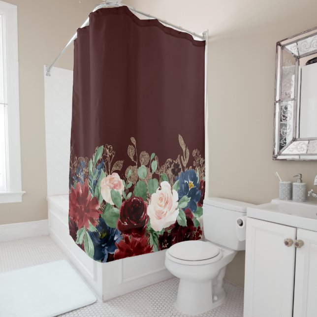 Boho Bloom | Dark Burgundy and Navy Blue Bouquet Shower Curtain (In Situ)