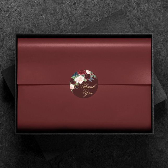 Boho Bloom | Dark Burgundy and Navy Blue Thank You Classic Round Sticker (Creator Uploaded)