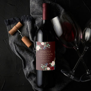 Boho Bloom Dark Burgundy and Navy Blue Thank You Wine Label