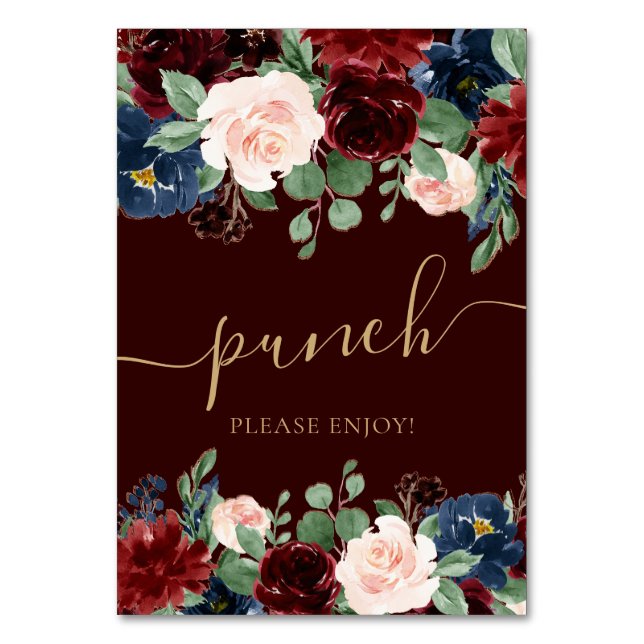 Boho Bloom | Dark Burgundy and Navy Blue Treats Table Number (Front)