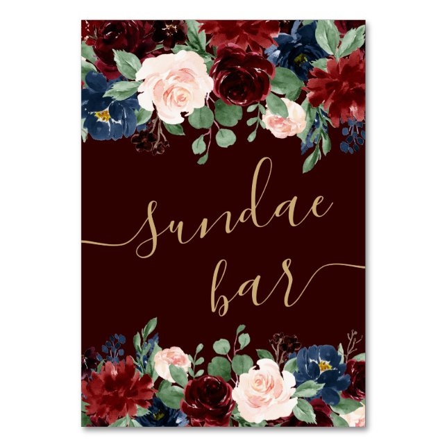 Boho Bloom | Dark Burgundy and Navy Sundae Bar Table Number (Front)