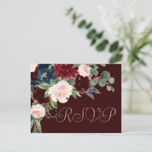 Boho Bloom Dark Elegant Burgundy and Navy RSVP Postcard