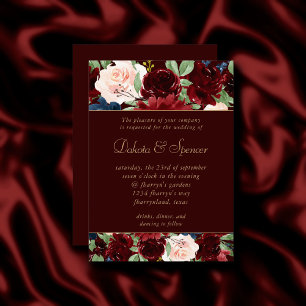 Boho Bloom   Dark Elegant Burgundy Red and Navy Invitation