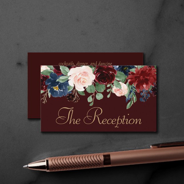 Boho Bloom | Dark Elegant Red and Blue Reception Enclosure Card (Creator Uploaded)