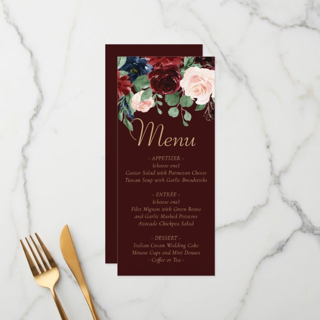 Boho Bloom | Dark Elegant Red Blush and Navy Blue Menu (Front/Back In Situ)
