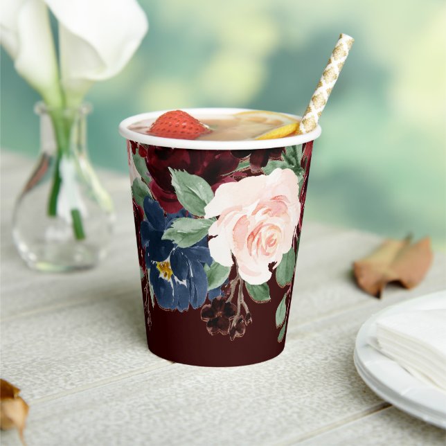 Boho Bloom | Dark Elegant Red Blush and Navy Blue Paper Cups (Insitu)
