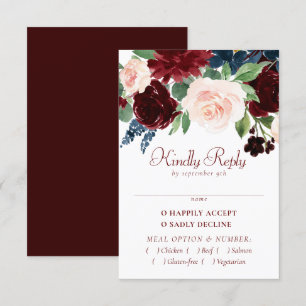 Boho Bloom Elegant Burgundy and Navy Blue Entree RSVP Card