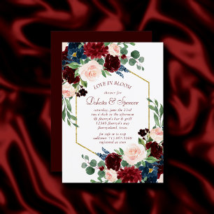 Boho Bloom   Elegant Burgundy and Navy Blue Shower Invitation