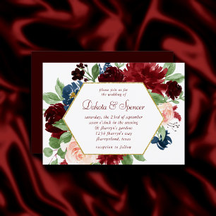 Boho Bloom   Elegant Burgundy and Navy Blue Wreath Invitation
