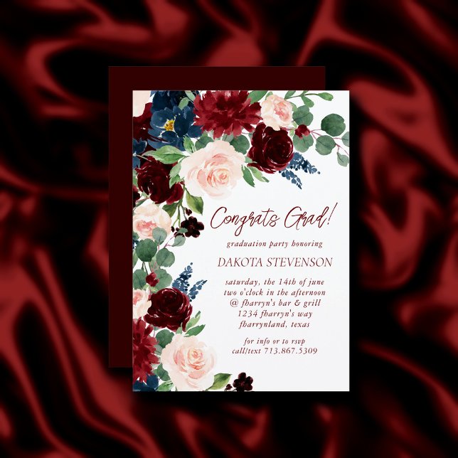 Boho Bloom | Elegant Burgundy and Navy Graduation Invitation (Creator Uploaded)