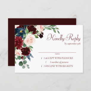 Boho Bloom   Elegant Burgundy Floral Gold Frame RSVP Card