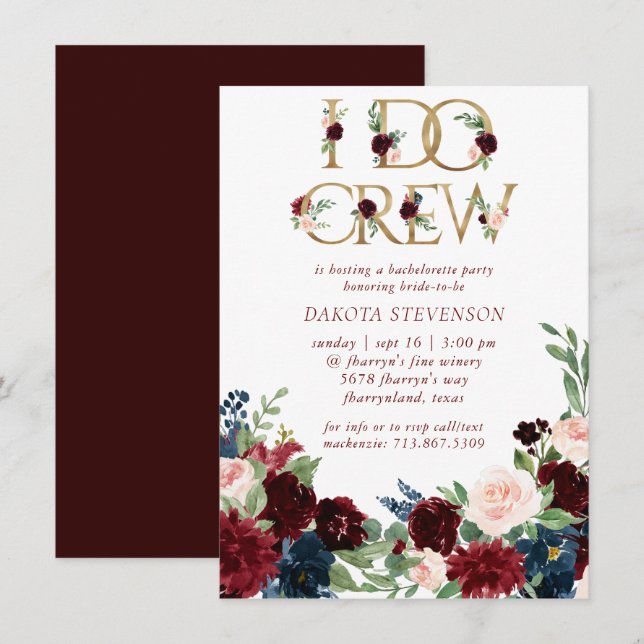 Boho Bloom | Elegant Burgundy Marsala I Do Crew Invitation (Front/Back)