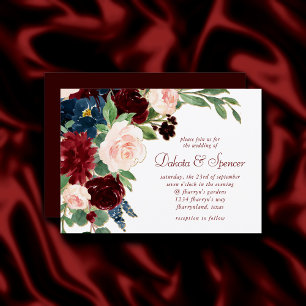 Boho Bloom   Elegant Burgundy Red and Navy Blue Invitation