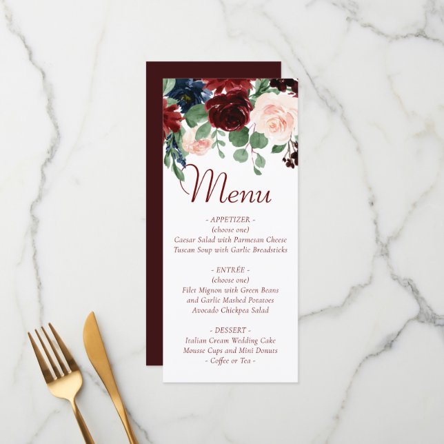 Boho Bloom | Elegant Burgundy Red Floral Garland Menu (Front/Back In Situ)
