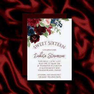 Boho Bloom   Elegant Burgundy Red Floral Sweet 16 Invitation