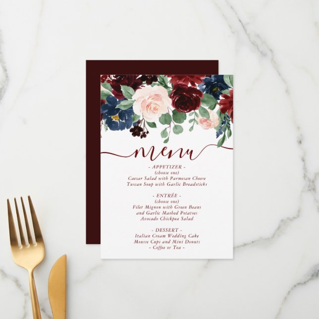 Boho Bloom | Elegant Marsala Red and Blush Pink Menu (Front/Back In Situ)