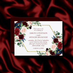 Boho Bloom   Elegant Marsala Red Floral Gold Frame Invitation