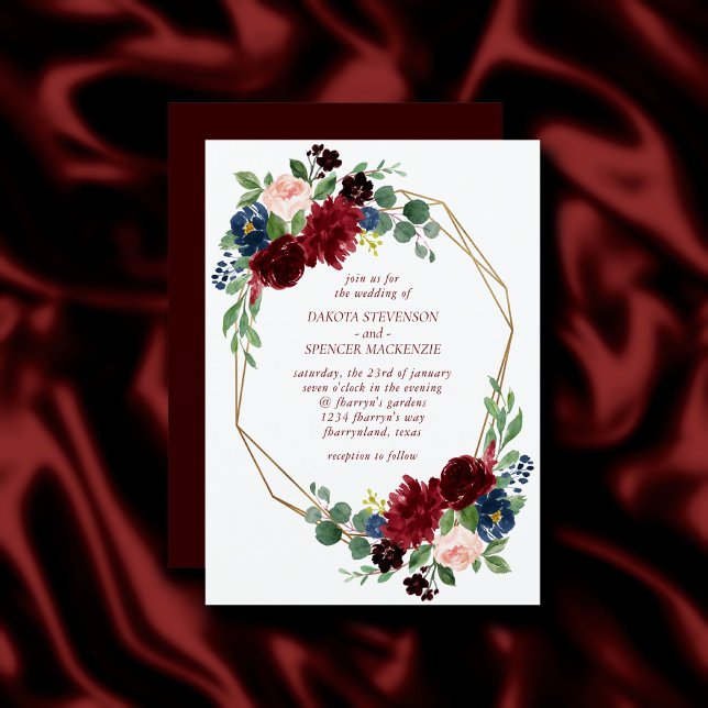 Boho Bloom | Elegant Marsala Red Floral Gold Frame Invitation (Creator Uploaded)