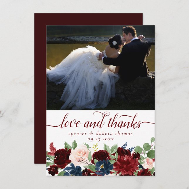 Boho Bloom | Elegant Marsala Red Photo Love and Thank You Card (Front/Back)