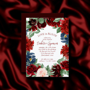 Boho Bloom   Elegant Red Floral Wreath Engagement Invitation