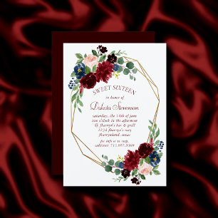 Boho Bloom   Elegant Red Rose Floral Sweet Sixteen Invitation