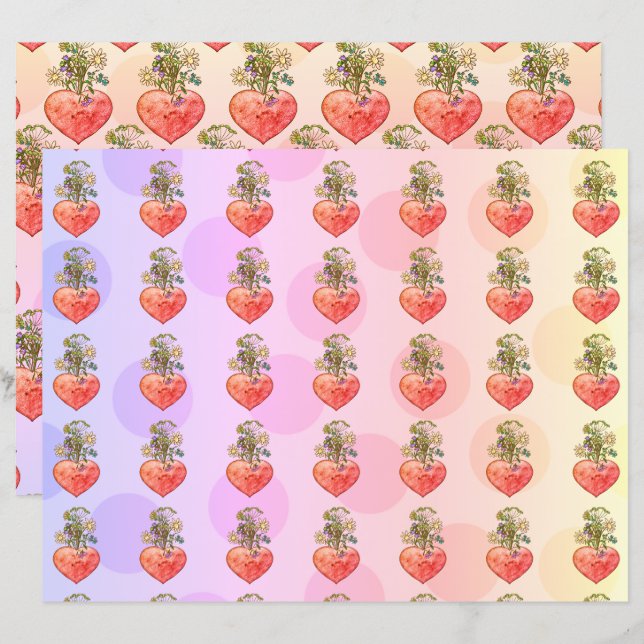 Boho blooming heart colourful scrapbook paper (Front/Back)