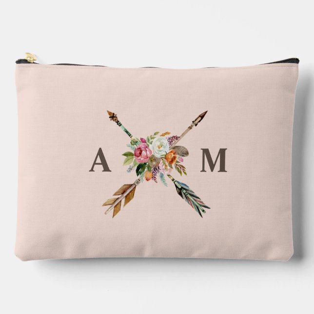 Boho Blooms and Arrows Monogrammed Accessory Pouch (Front)
