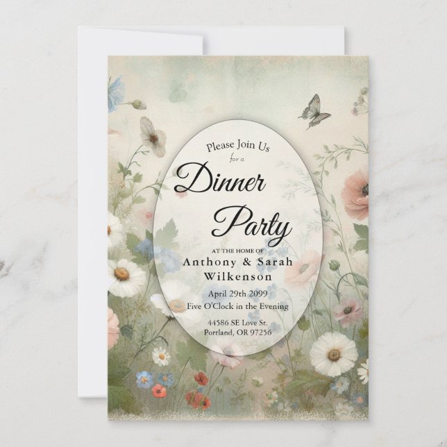 Boho Blooms and Vintage Blossoms Dinner Party Invitation (Front)