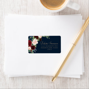 Boho Blooms   Dark Navy Blue and Burgundy Address Label